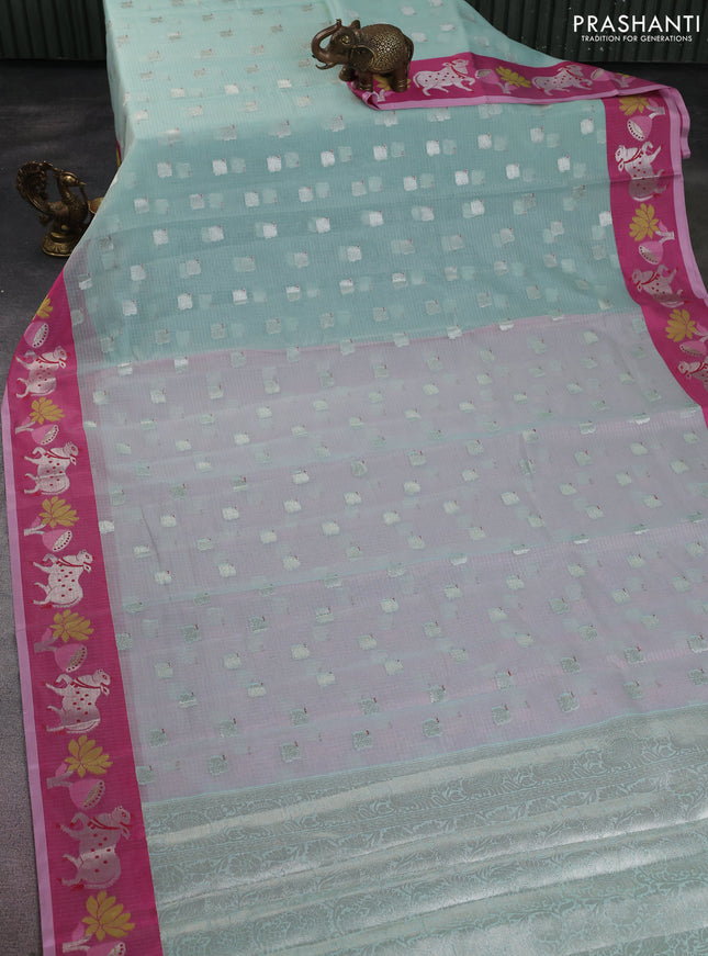 Cotton zari kota saree teal blue shade and pink with allover silver zari woven buttas and pichwai zari woven border
