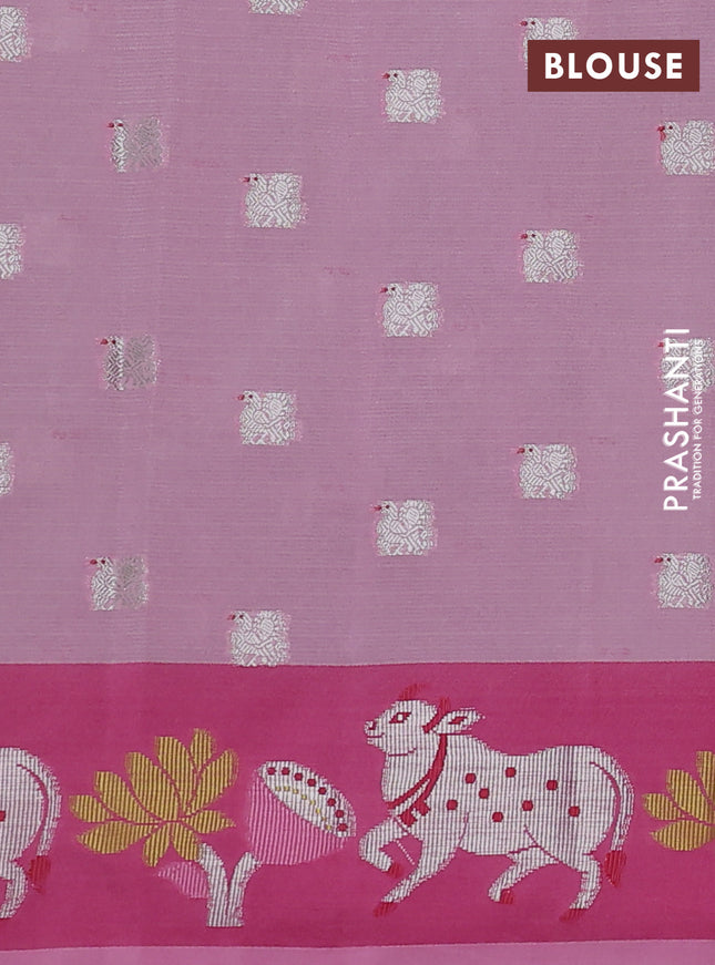 Cotton zari kota saree teal blue shade and pink with allover silver zari woven buttas and pichwai zari woven border