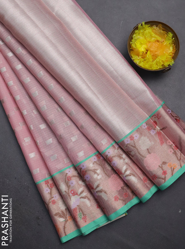 Cotton zari kota saree peach pink and teal green with allover silver zari woven buttas and zari woven paithani border