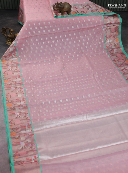 Cotton zari kota saree peach pink and teal green with allover silver zari woven buttas and zari woven paithani border