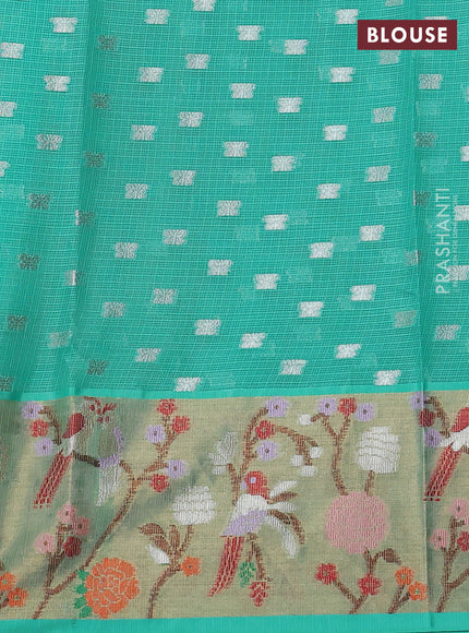 Cotton zari kota saree peach pink and teal green with allover silver zari woven buttas and zari woven paithani border