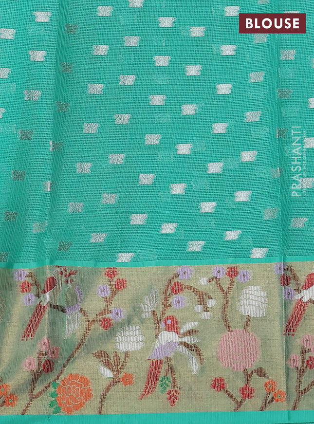 Cotton zari kota saree peach pink and teal green with allover silver zari woven buttas and zari woven paithani border