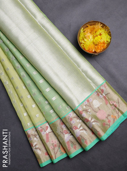 Cotton zari kota saree lime green and teal green with allover silver zari woven buttas and zari woven paithani border