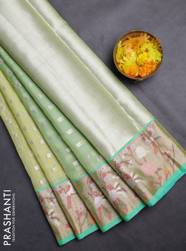 Cotton zari kota saree lime green and teal green with allover silver zari woven buttas and zari woven paithani border