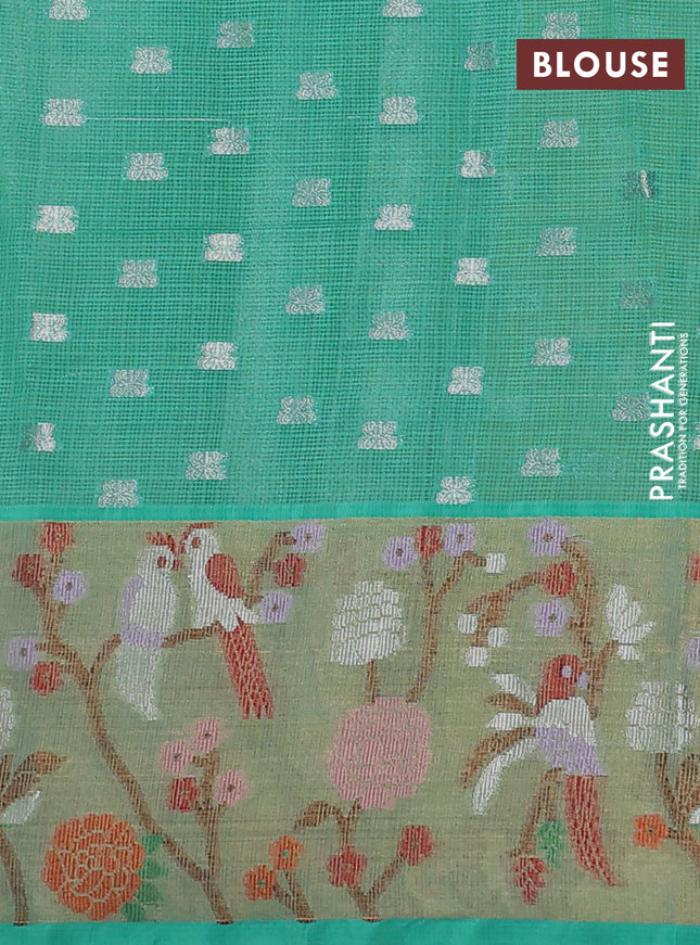 Cotton zari kota saree lime green and teal green with allover silver zari woven buttas and zari woven paithani border