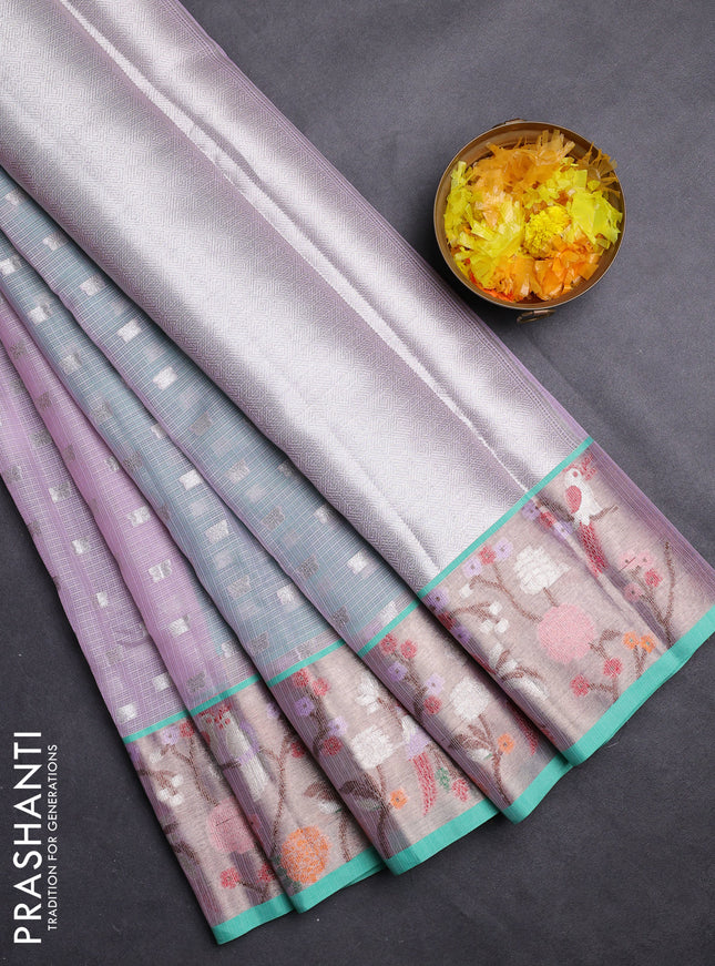 Cotton zari kota saree lavender and teal green with allover silver zari woven buttas and zari woven paithani border