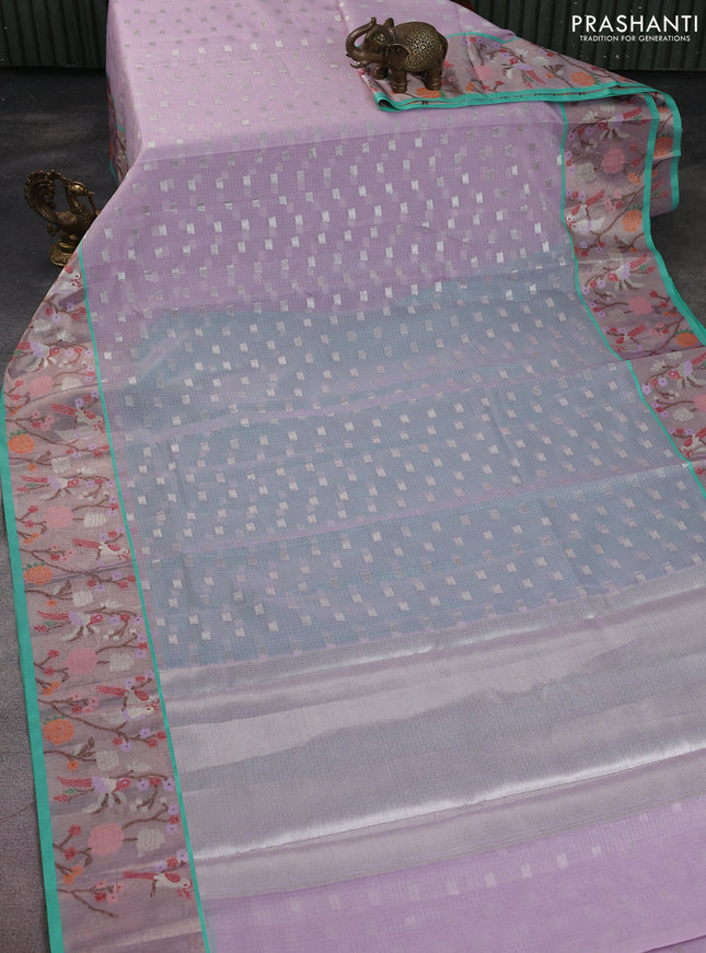 Cotton zari kota saree lavender and teal green with allover silver zari woven buttas and zari woven paithani border