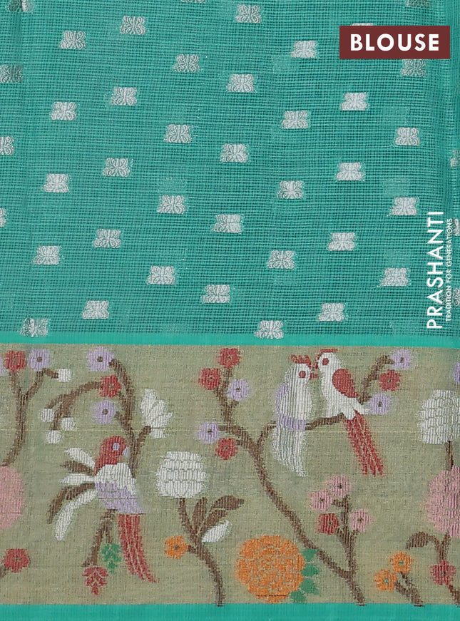 Cotton zari kota saree lavender and teal green with allover silver zari woven buttas and zari woven paithani border