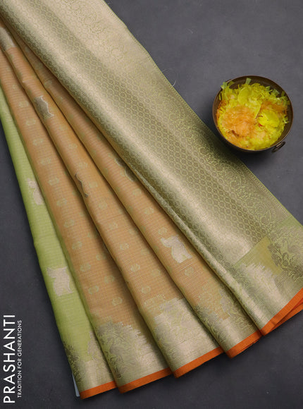 Cotton zari kota saree pista green and orange with zari woven buttas and zari woven butta border