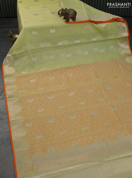 Cotton zari kota saree pista green and orange with zari woven buttas and zari woven butta border