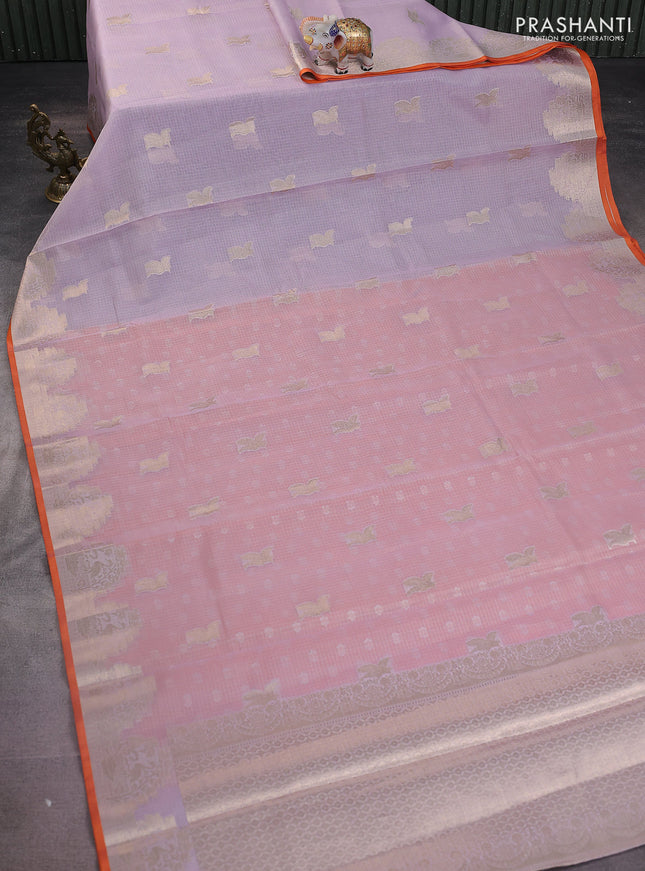 Cotton zari kota saree lavender and orange with zari woven buttas and zari woven butta border