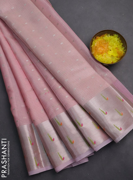 Cotton zari kota saree peach pink with allover silver zari woven buttas and zari woven muniya butta border