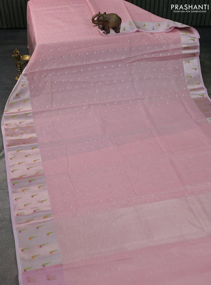 Cotton zari kota saree peach pink with allover silver zari woven buttas and zari woven muniya butta border