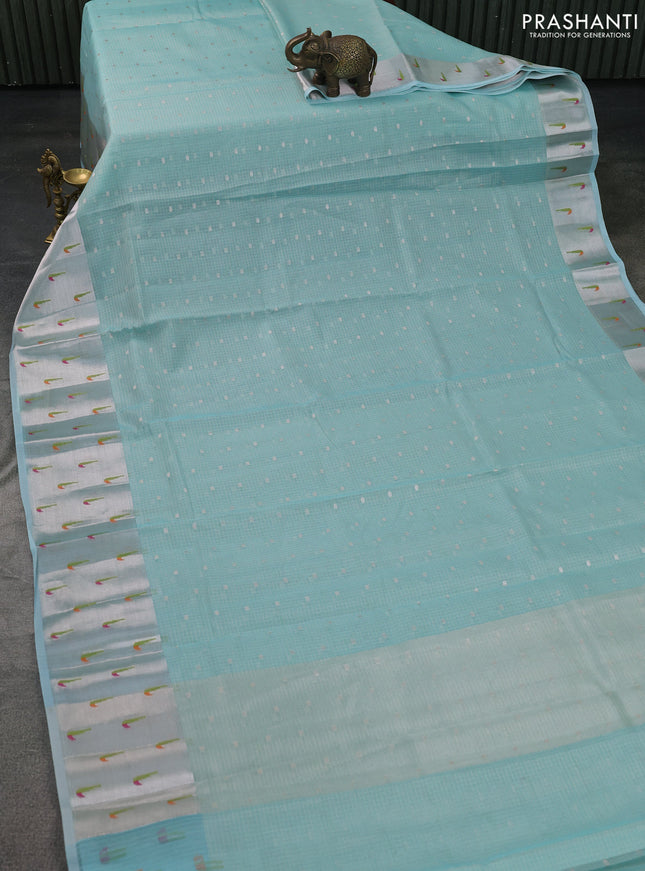 Cotton zari kota saree teal blue with allover silver zari woven buttas and zari woven muniya butta border