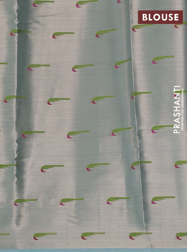 Cotton zari kota saree teal blue with allover silver zari woven buttas and zari woven muniya butta border