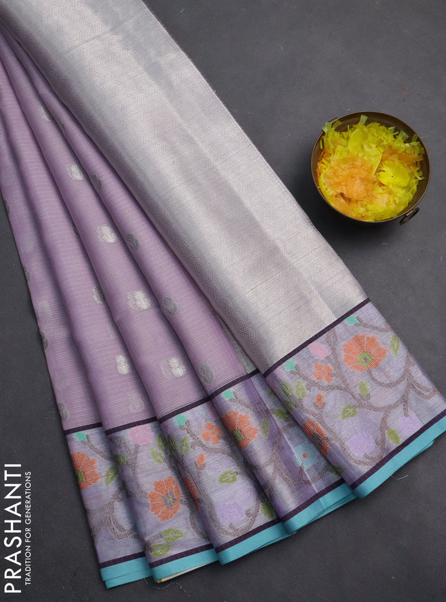 Cotton zari kota saree lavender and teal blue with allover silver zari woven buttas and zari woven paithani border