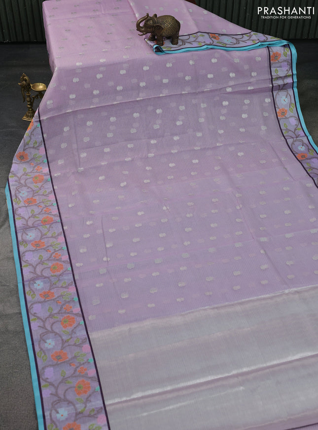 Cotton zari kota saree lavender and teal blue with allover silver zari woven buttas and zari woven paithani border