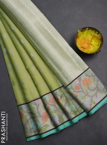 Cotton zari kota saree pista green and teal blue with allover silver zari woven buttas and zari woven paithani border