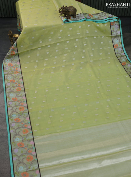 Cotton zari kota saree pista green and teal blue with allover silver zari woven buttas and zari woven paithani border