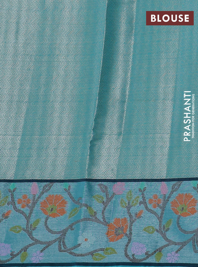 Cotton zari kota saree pista green and teal blue with allover silver zari woven buttas and zari woven paithani border