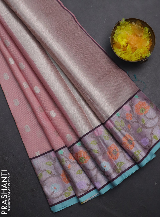 Cotton zari kota saree peach pink and teal blue with allover silver zari woven buttas and zari woven paithani border