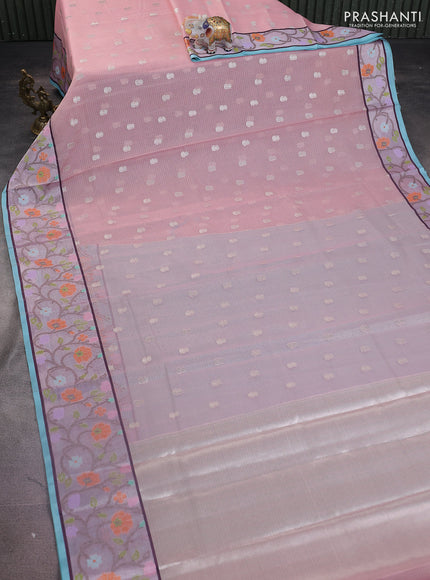 Cotton zari kota saree peach pink and teal blue with allover silver zari woven buttas and zari woven paithani border