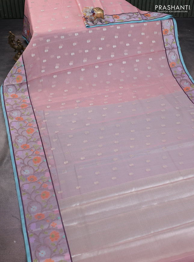 Cotton zari kota saree peach pink and teal blue with allover silver zari woven buttas and zari woven paithani border