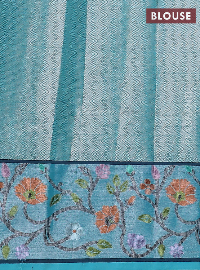 Cotton zari kota saree peach pink and teal blue with allover silver zari woven buttas and zari woven paithani border