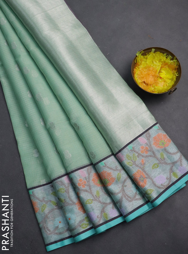 Cotton zari kota saree teal green and teal blue with allover silver zari woven buttas and zari woven paithani border