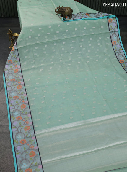 Cotton zari kota saree teal green and teal blue with allover silver zari woven buttas and zari woven paithani border