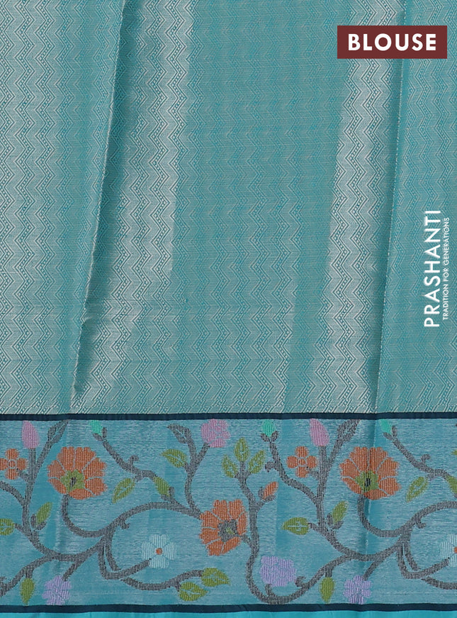 Cotton zari kota saree teal green and teal blue with allover silver zari woven buttas and zari woven paithani border