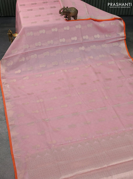 Cotton zari kota saree light pink and orange with zari woven floral buttas and piping border
