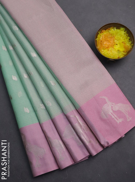 Cotton zari kota saree teal green and light pink with silver zari woven buttas and zari woven butta border