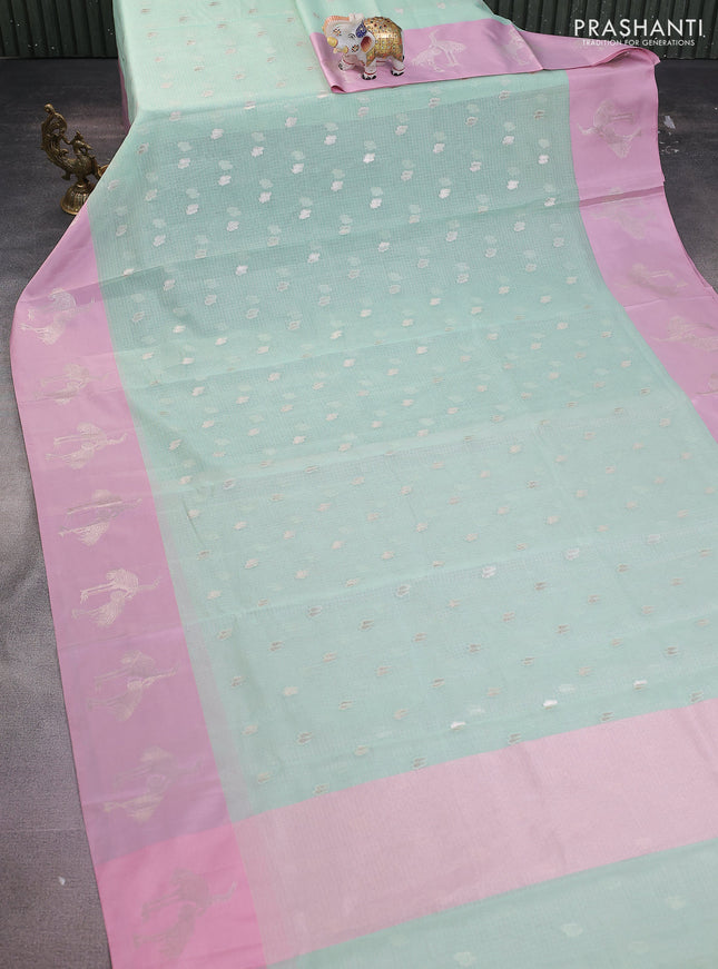 Cotton zari kota saree teal green and light pink with silver zari woven buttas and zari woven butta border