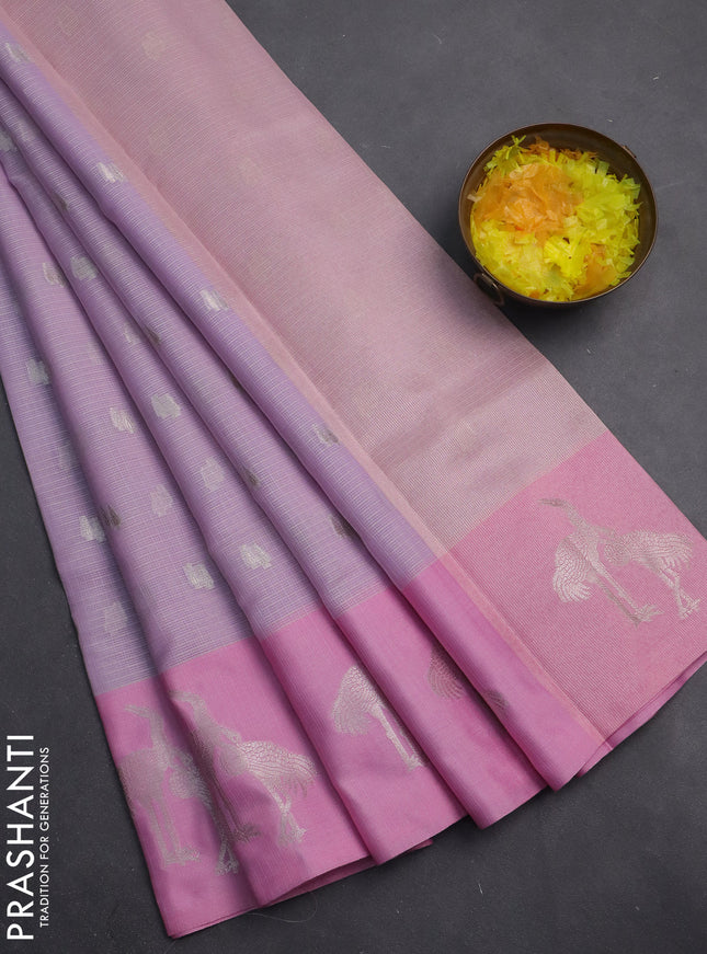 Cotton zari kota saree lavender and light pink with silver zari woven buttas and zari woven butta border