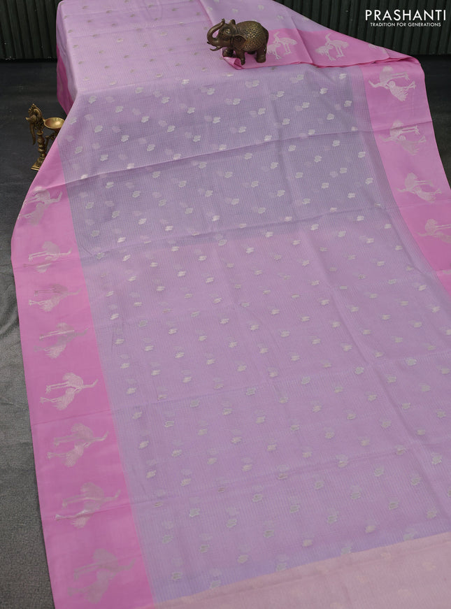 Cotton zari kota saree lavender and light pink with silver zari woven buttas and zari woven butta border
