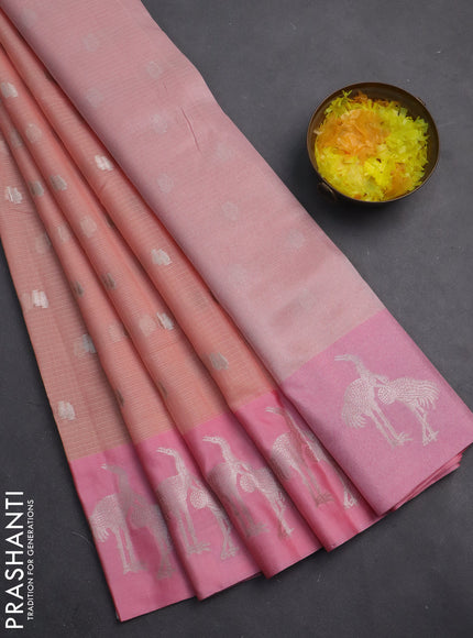 Cotton zari kota saree peach shade and light pink with silver zari woven buttas and zari woven butta border