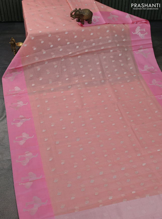 Cotton zari kota saree peach shade and light pink with silver zari woven buttas and zari woven butta border