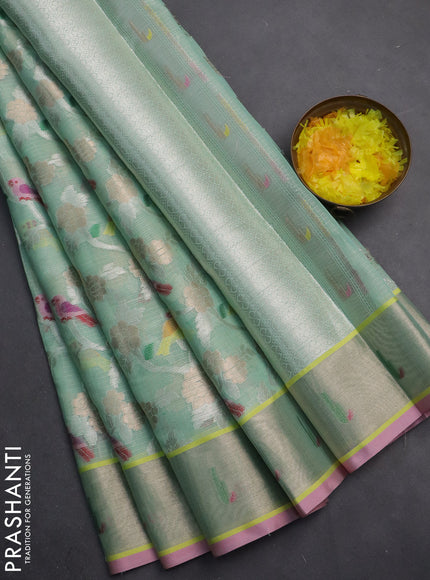 Cotton zari kota saree teal green and light pink with allover thread & silver weaves and zari woven border