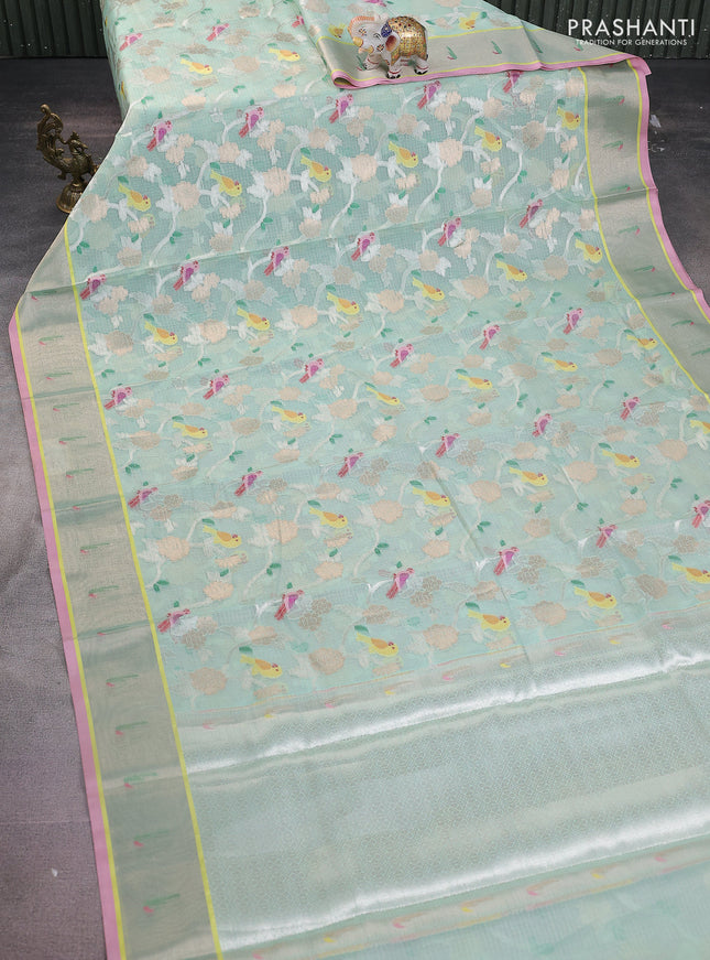 Cotton zari kota saree teal green and light pink with allover thread & silver weaves and zari woven border