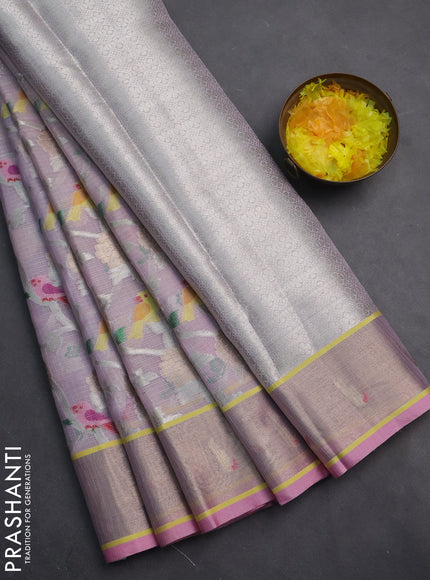 Cotton zari kota saree lavender and light pink with allover thread & silver weaves and zari woven border