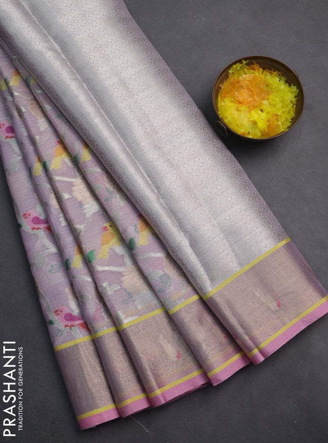 Cotton zari kota saree lavender and light pink with allover thread & silver weaves and zari woven border