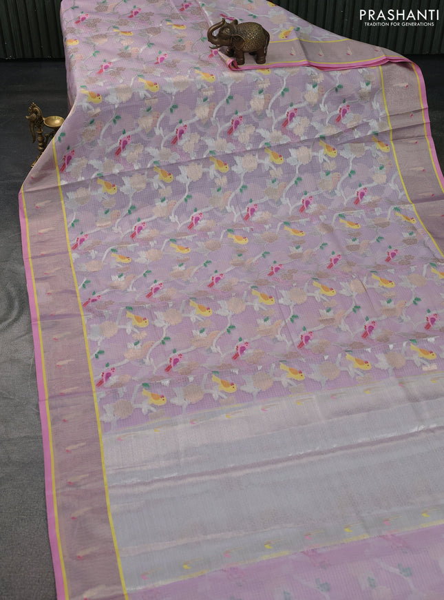 Cotton zari kota saree lavender and light pink with allover thread & silver weaves and zari woven border