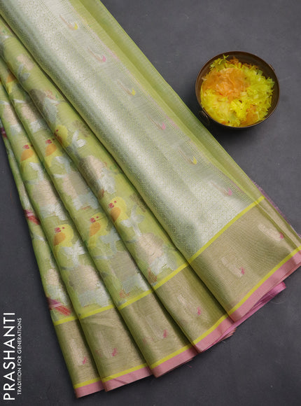 Cotton zari kota saree lime yellow and light pink with allover thread & silver weaves and zari woven border