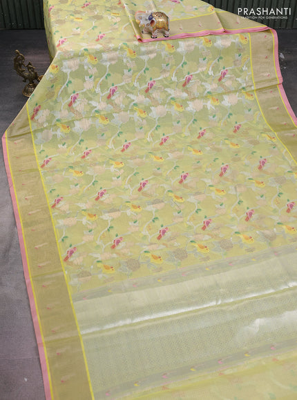 Cotton zari kota saree lime yellow and light pink with allover thread & silver weaves and zari woven border