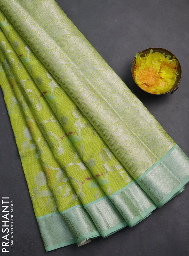 Cotton zari kota saree fluorescent green and teal blue with allover thread & silver weaves and silver zari woven border