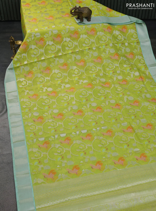 Cotton zari kota saree fluorescent green and teal blue with allover thread & silver weaves and silver zari woven border