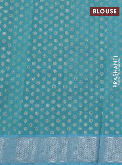Cotton zari kota saree fluorescent green and teal blue with allover thread & silver weaves and silver zari woven border
