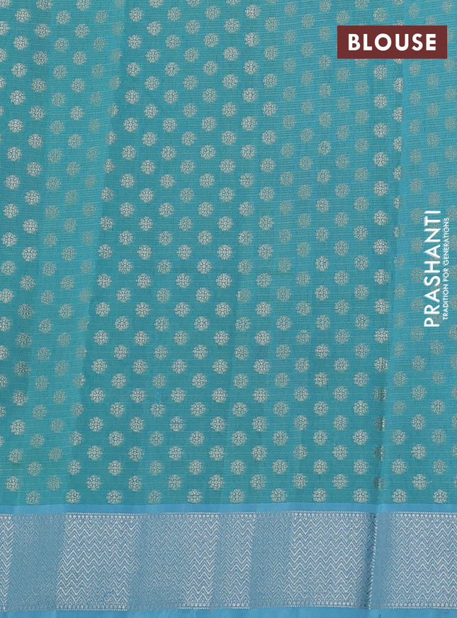 Cotton zari kota saree fluorescent green and teal blue with allover thread & silver weaves and silver zari woven border