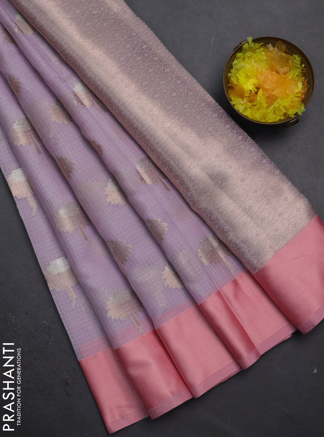 Cotton zari kota saree lavender and peach pink with zari woven floral buttas and simple border